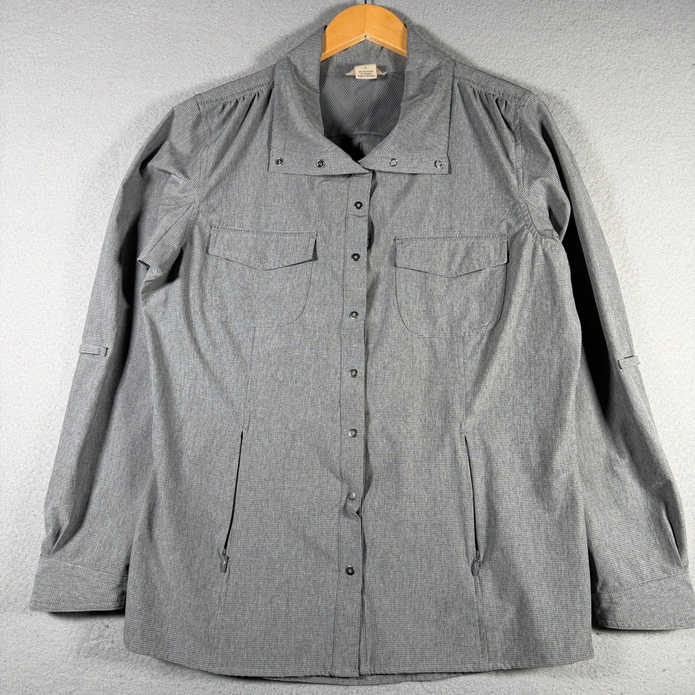 Duluth Trading Co Womens Gray Micro Check Button Up Hiking Shirt Large L Stretch